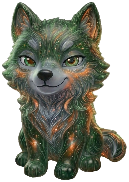 WolFi, un lobo de pelaje verde y cobre, sentado y tranquilo